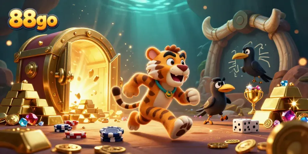 Experience the excitement of 88go with a 3D cartoon caveman and sabertooth tiger duo running a prehistoric casino.