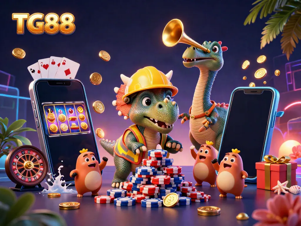 TG88 offers a vibrant casino experience with a lively illustration of characters celebrating while engaging in thrilling online gaming.