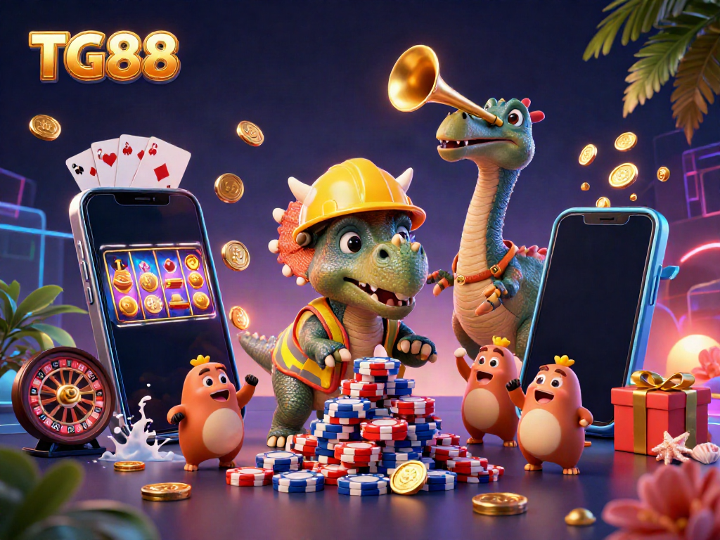 TG88 offers a vibrant casino experience with a lively illustration of characters celebrating while engaging in thrilling online gaming.
