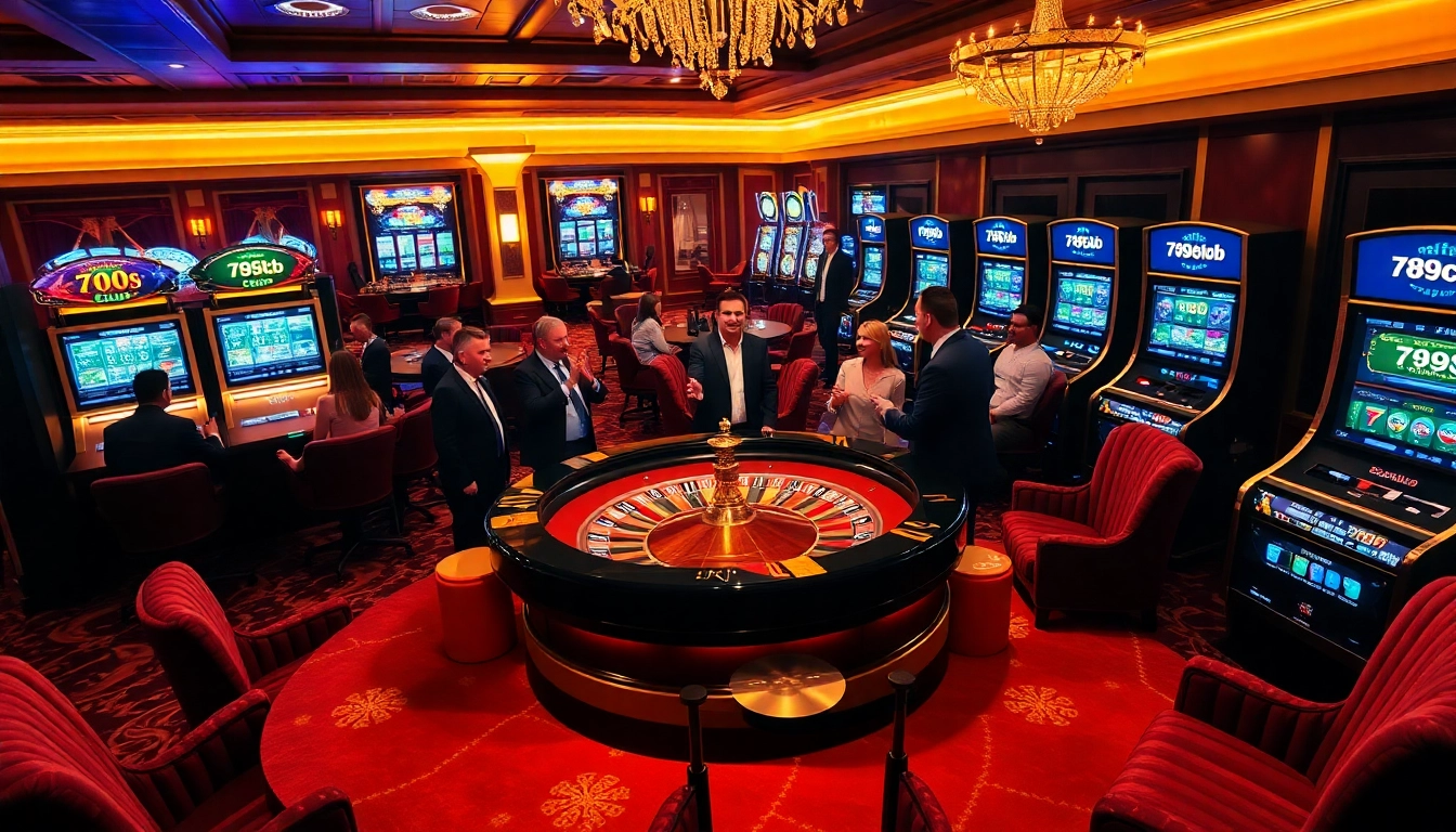Exciting casino scene showcasing 789club with roulette, poker chips, and slot machines.
