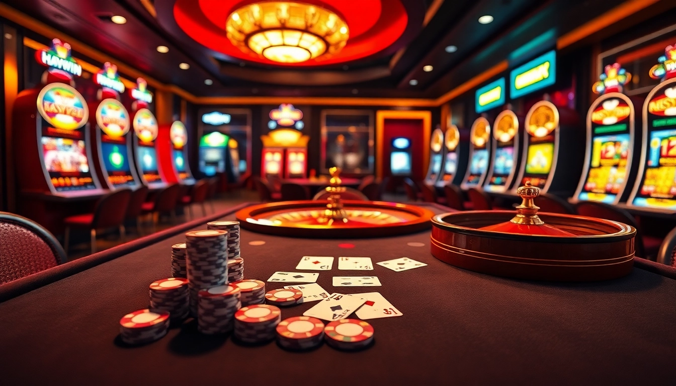 Experience the thrill of gambling at Haywin with a vibrant online casino scene featuring poker tables and roulette wheels.
