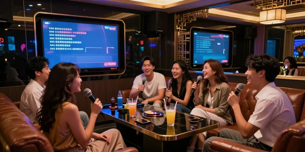 강남달토의 고급스러운 가라오케에서 즐거운 친구들 모임 모습