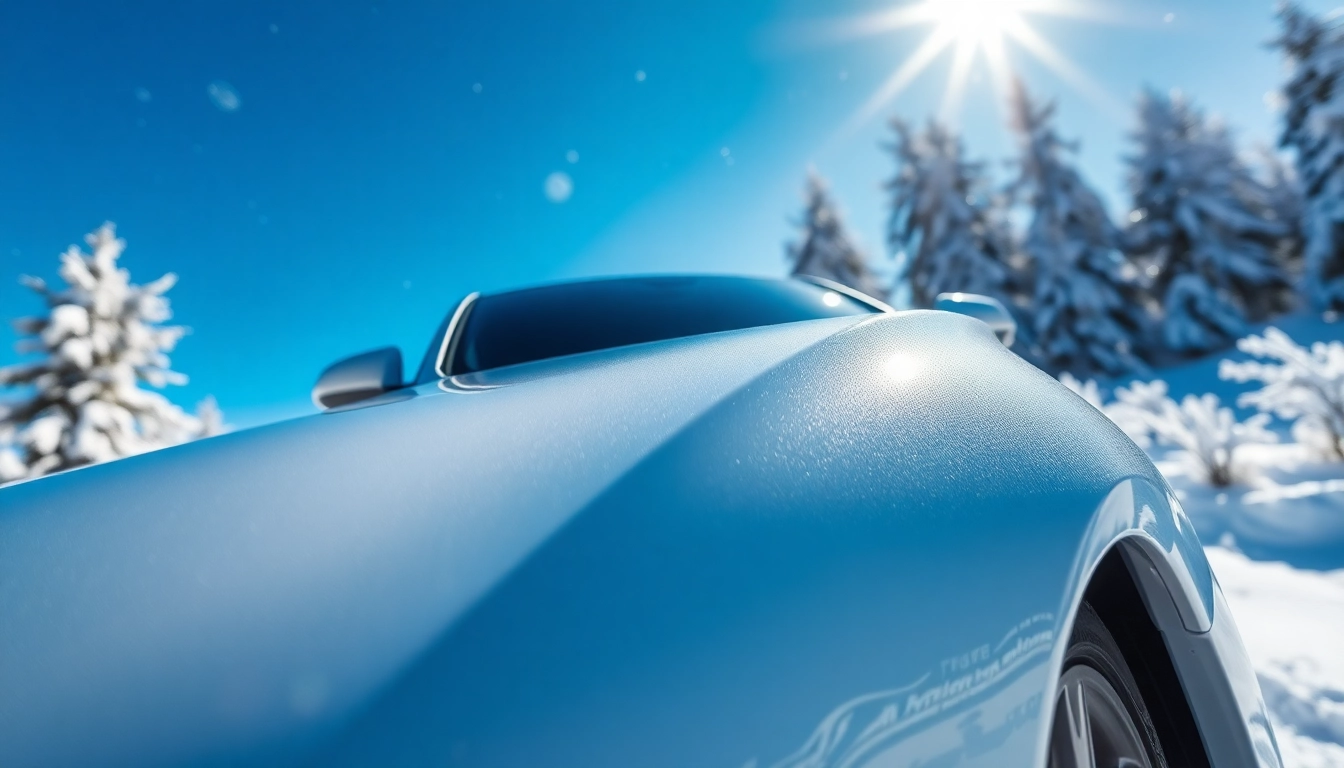 Showcase PPF winter road salt protection on a car in a snowy landscape, emphasizing durability.