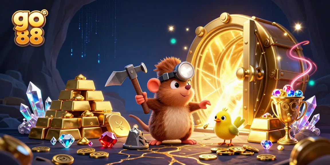 Engage with go 88 in a vibrant casino scene featuring a treasure hunter mole and sparkling gems.