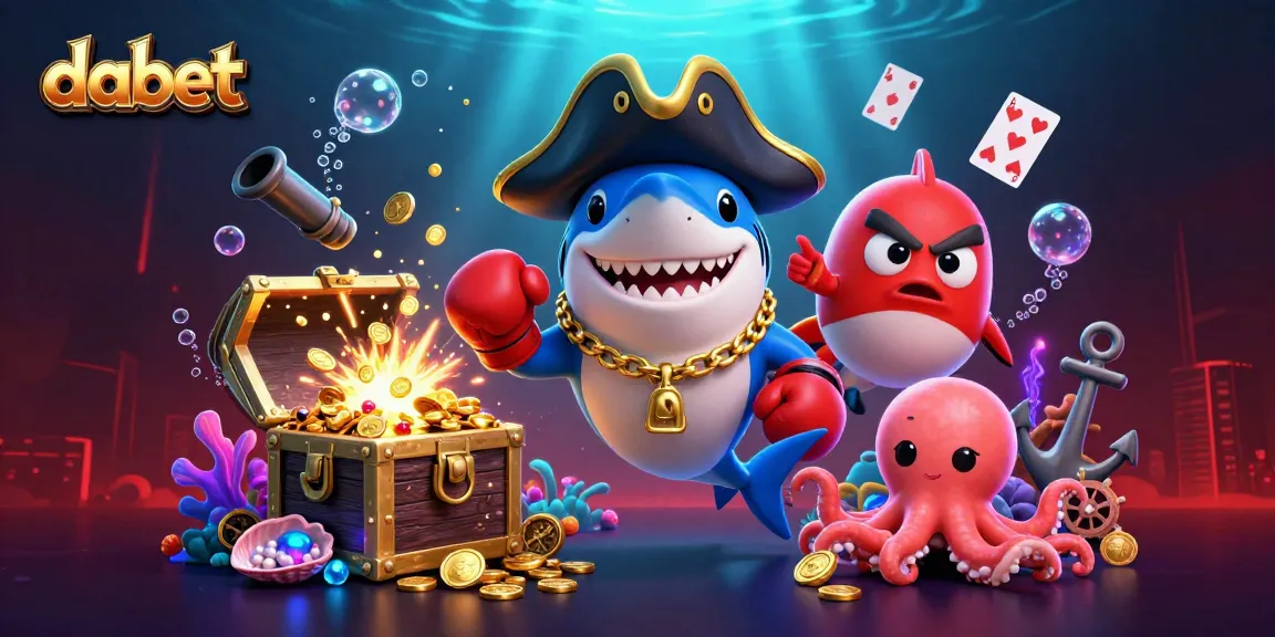 dabet casino illustration featuring a shark pirate, pufferfish, and octopus in a vibrant underwater scene.