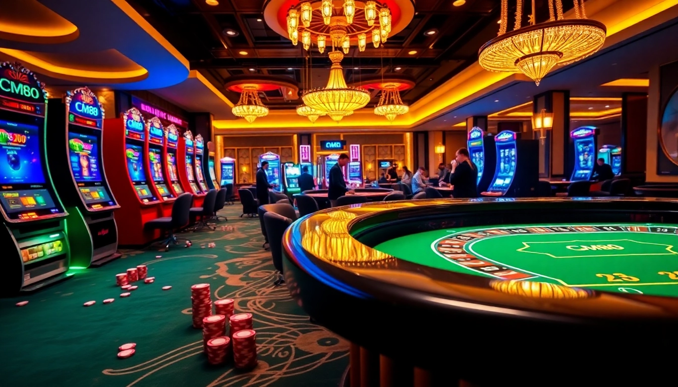 Experience the excitement of gambling at CM88 with vibrant casino tables and slot machines.