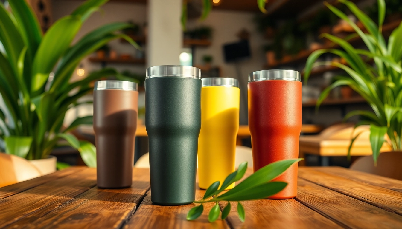 Showcase of tumblers on a wooden table in a cozy café ambiance, highlighting their unique designs.