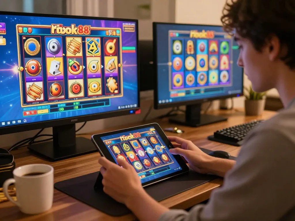 Player engaging in exciting rokok88 slot gameplay on a tablet, cozy home setup with warm lighting and snacks.