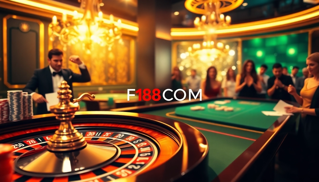 Excited players engage in high-stakes gambling at the F168COM roulette table, showcasing the thrill of casino gaming.