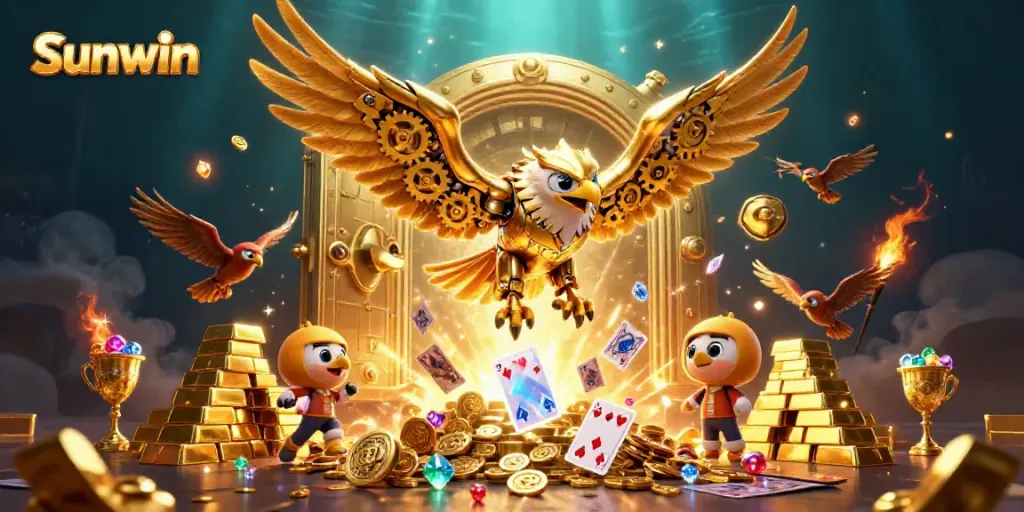 Sunwin eagle soaring through holographic playing cards amidst treasure, illustrating casino creativity.