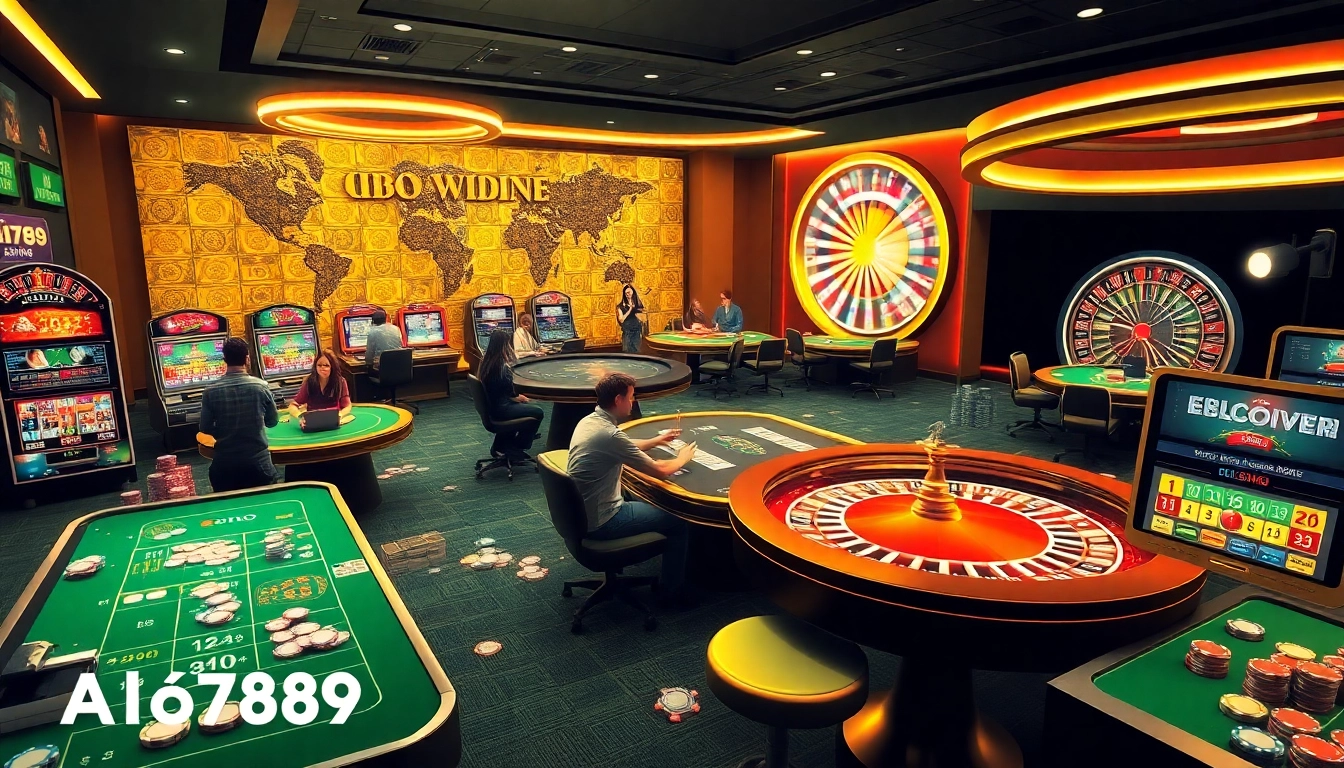 Alo789 đá gà vibrant online gambling scene with players at digital tables and exciting slot machines.