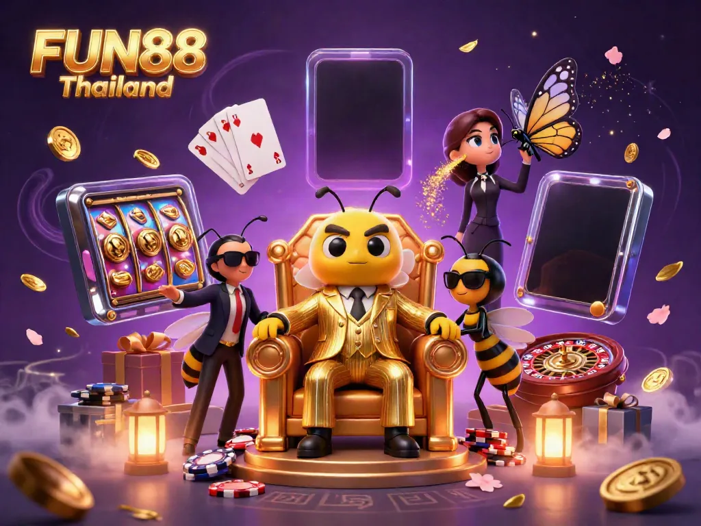 Experience the vibrant world of FUN88 Thailand with this engaging illustration featuring a bumblebee mob boss surrounded by captivating casino elements.