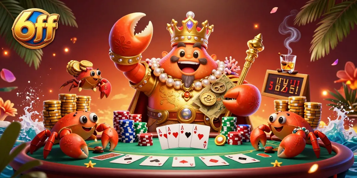 Engage in thrilling gameplay at 6ff with the golden crab emperor ruling over stacked poker chips.