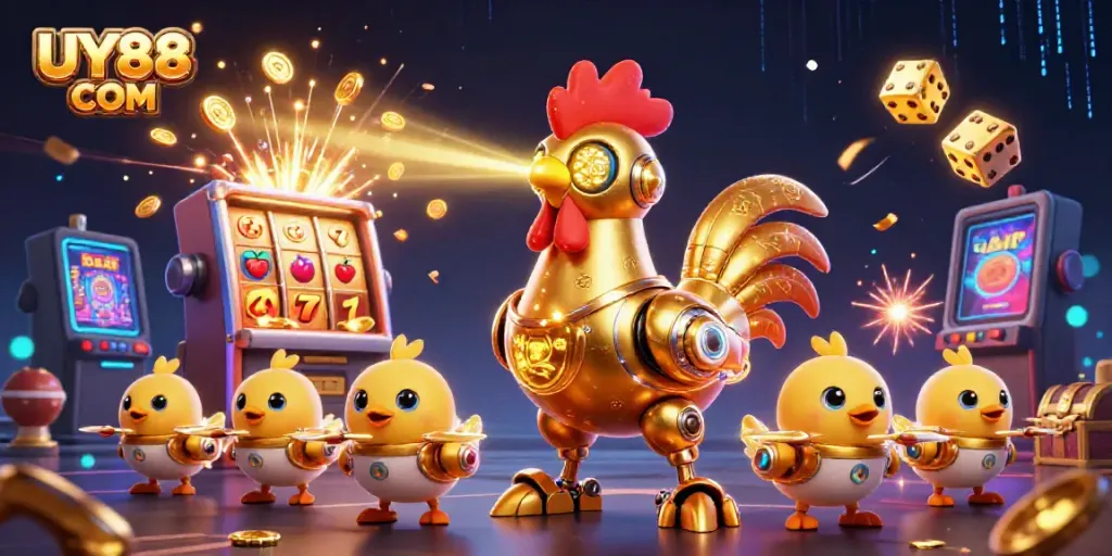 Experience a vibrant UY88 COM online casino adventure with golden rooster robot and dynamic slot machine elements.