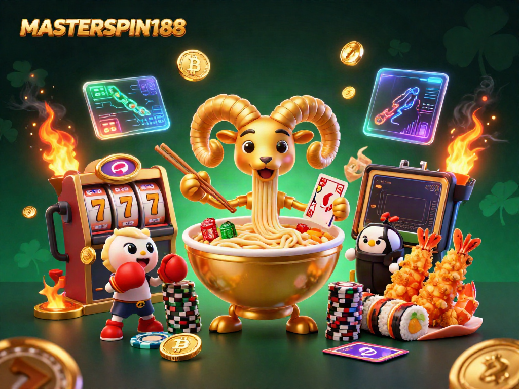 Experience the fun of MASTERSPIN188 with a vibrant 3D illustration of exciting slot adventures.