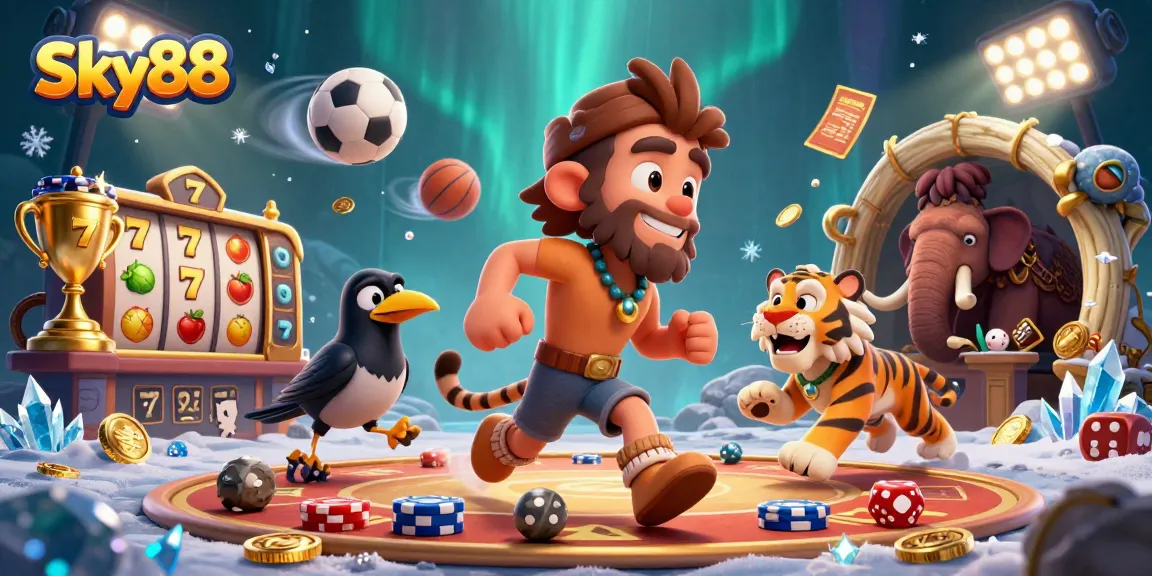 Sky88 casino features a lively caveman and sabertooth duo amidst vibrant slot reels and dynamic sports elements.