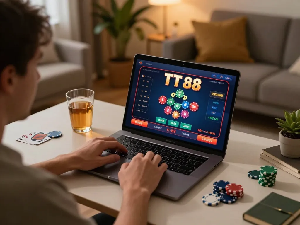 Person enjoying online casino gameplay on TT 88 platform at home, with warm lighting and poker chips.