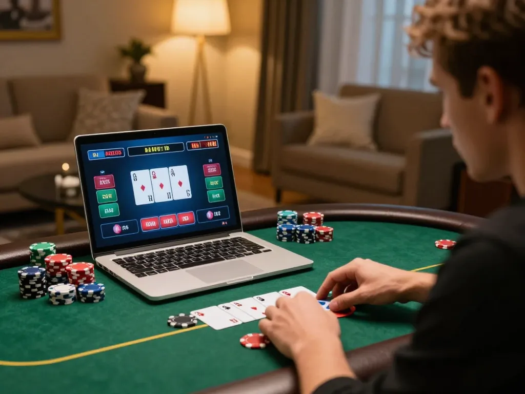 Engaged player at F168 online casino, focused on poker gameplay with strategic elements.