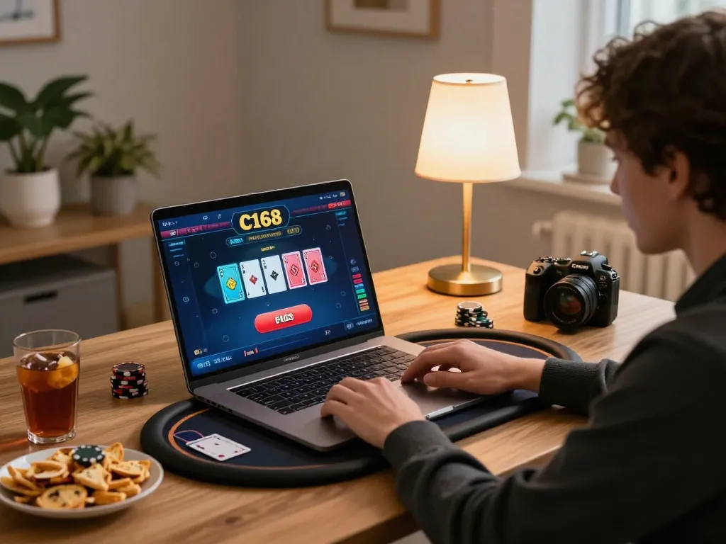 C168 poker game in action on a laptop during a cozy home gaming session.