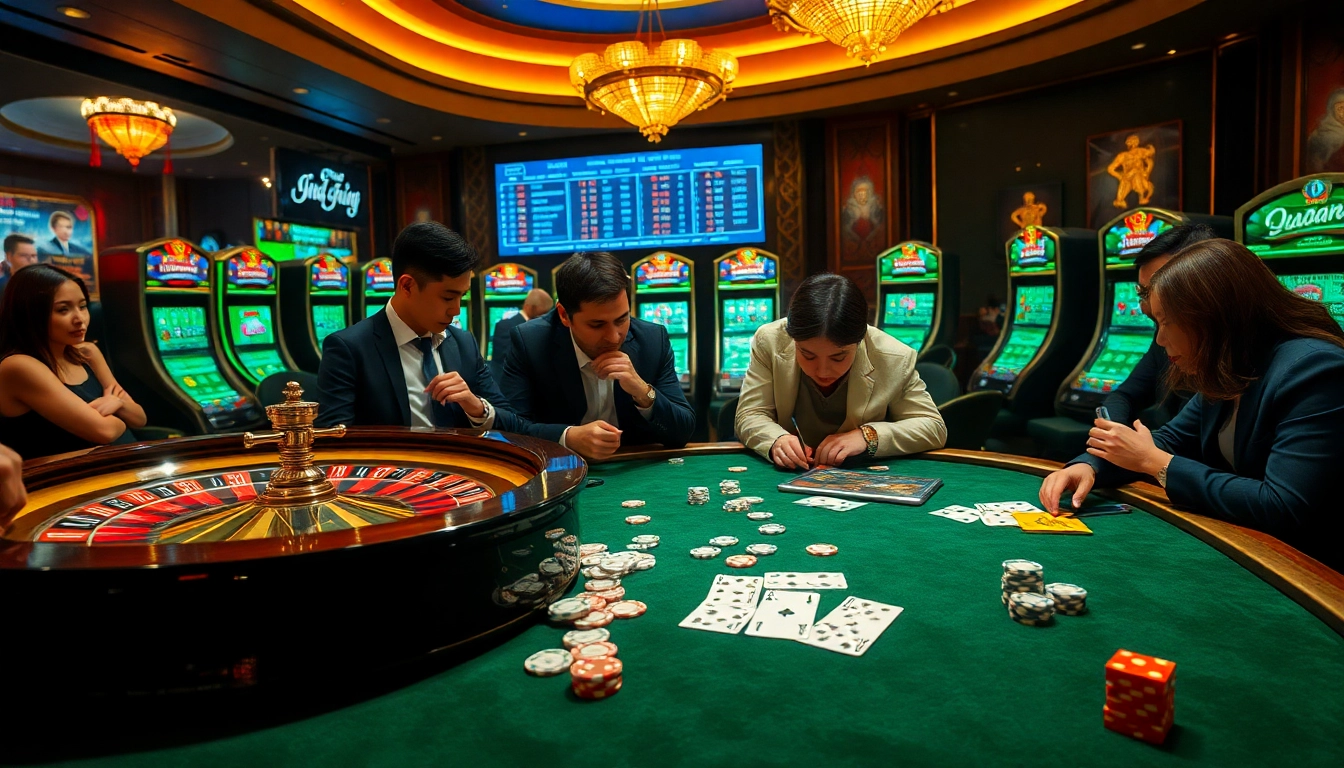 Experience thrilling bets in a dynamic Keo nha cai casino environment with roulette and poker cards.
