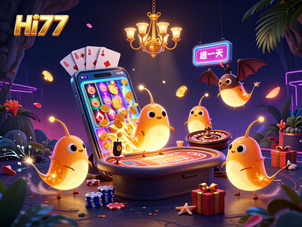 Experience HI77's thrilling casino atmosphere with glowworms illuminating gameplay, unique just for you.