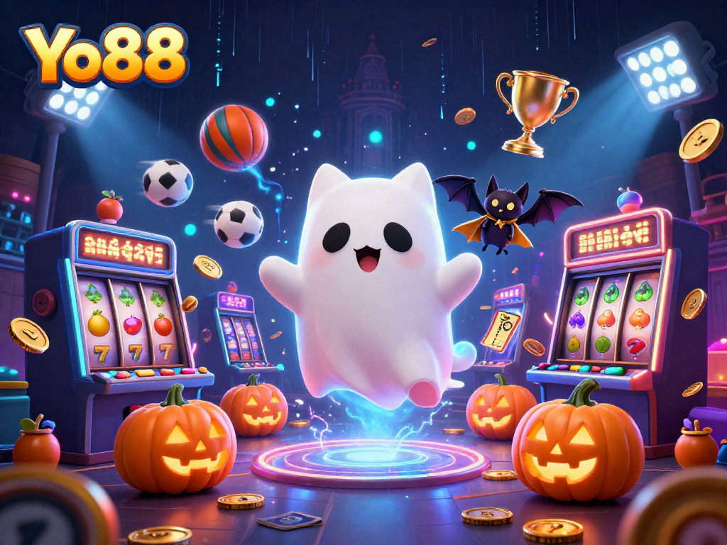 Engage with Yo88's thrilling adventures in a haunted casino featuring a friendly ghost cat and dynamic gaming elements.