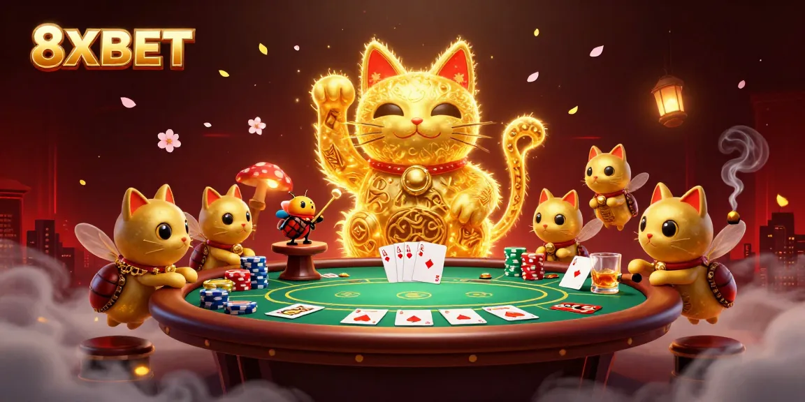 Engage with 8XBET's vibrant casino scene featuring a lucky cat and poker elements.