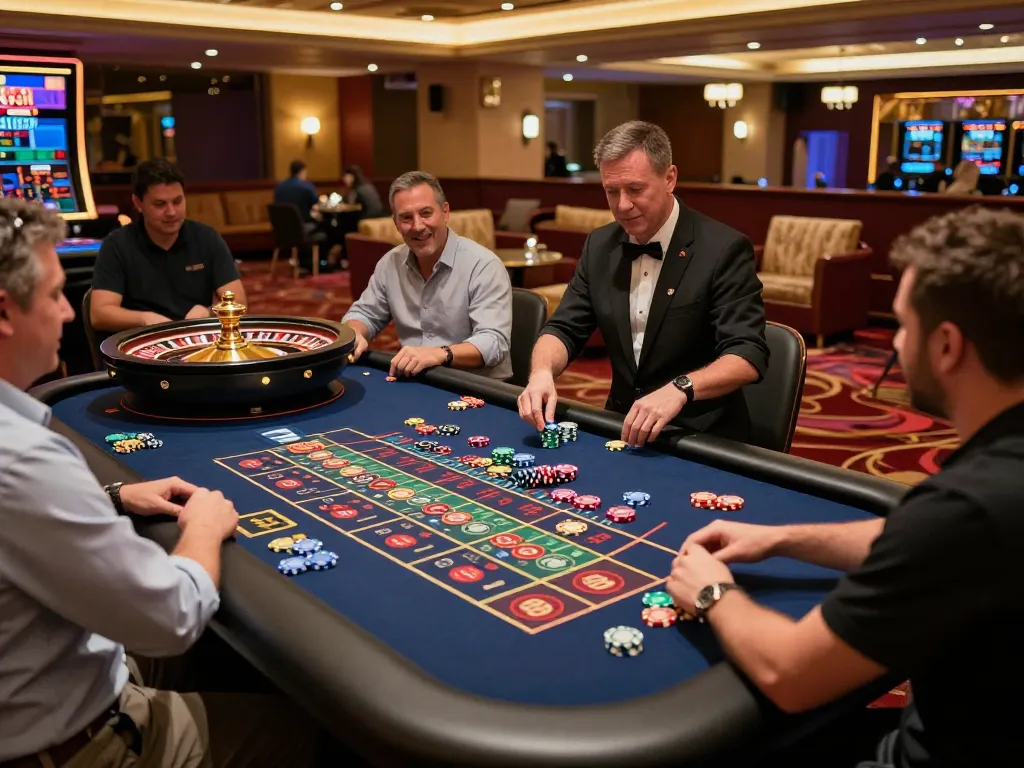 Players at a roulette table enjoying the thrill of 789win casino gaming, vibrant atmosphere and colorful chips.