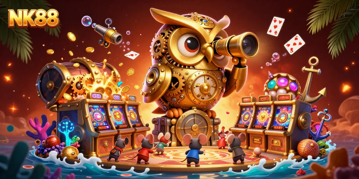 Experience exciting gaming with NK88, featuring a cartoon golden owl, vibrant slots, and charming mice in a lively casino.
