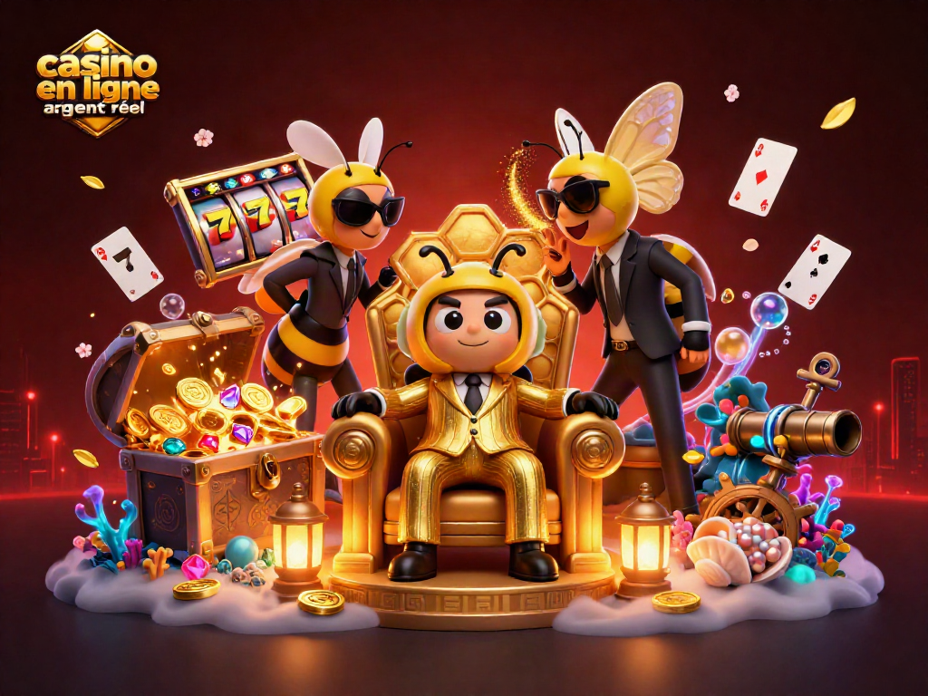 Illustration de jeu mettant en avant un casino en ligne argent réel avec des personnages dynamiques et des éléments ludiques.