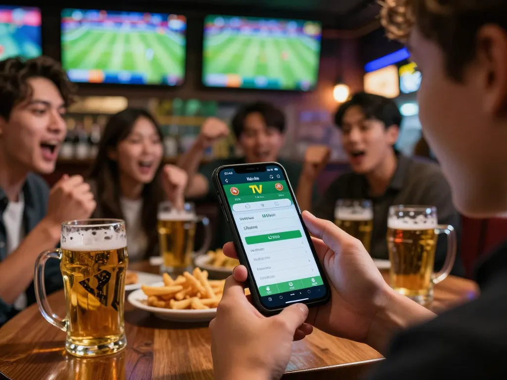 Kèo nhà cái TV user placing bets on mobile app amid vibrant sports bar atmosphere with friends cheering.