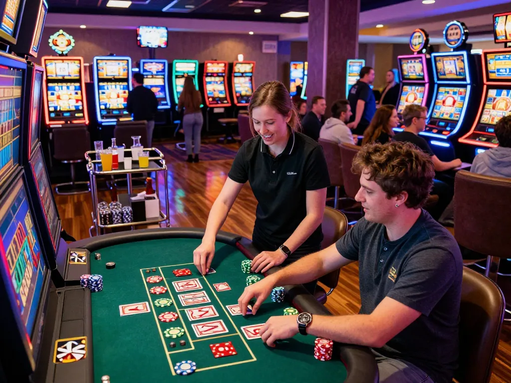 Exciting gambling scene featuring mb66.date gaming lounge with vibrant atmosphere, players engaging at tables and machines.