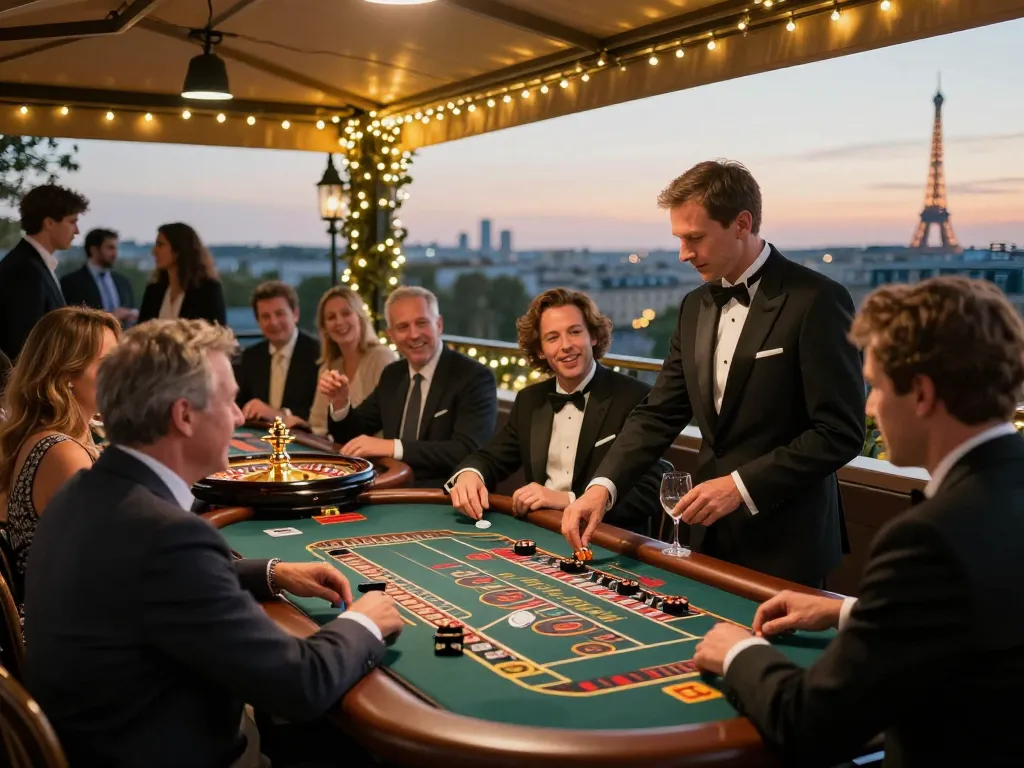 Rasakan permainan roulette yang meriah di lingkungan kasino luar ruangan Paris, para pemain bersorak dan merayakan