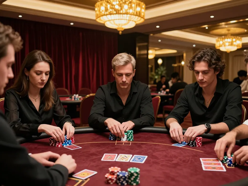 High-stakes poker game at a luxurious casino showcasing expert strategy and tension, 789 players in action