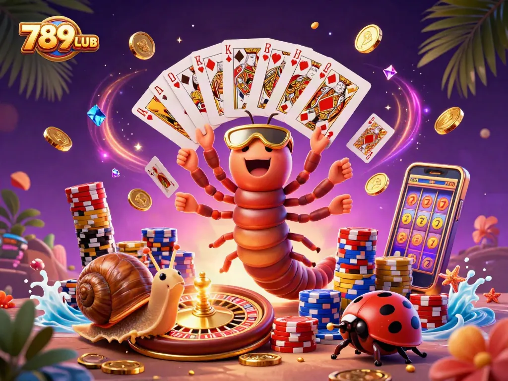 Engagingly depict the 789CLUB casino world through festive characters and dynamic game elements in a vibrant 3D illustration.