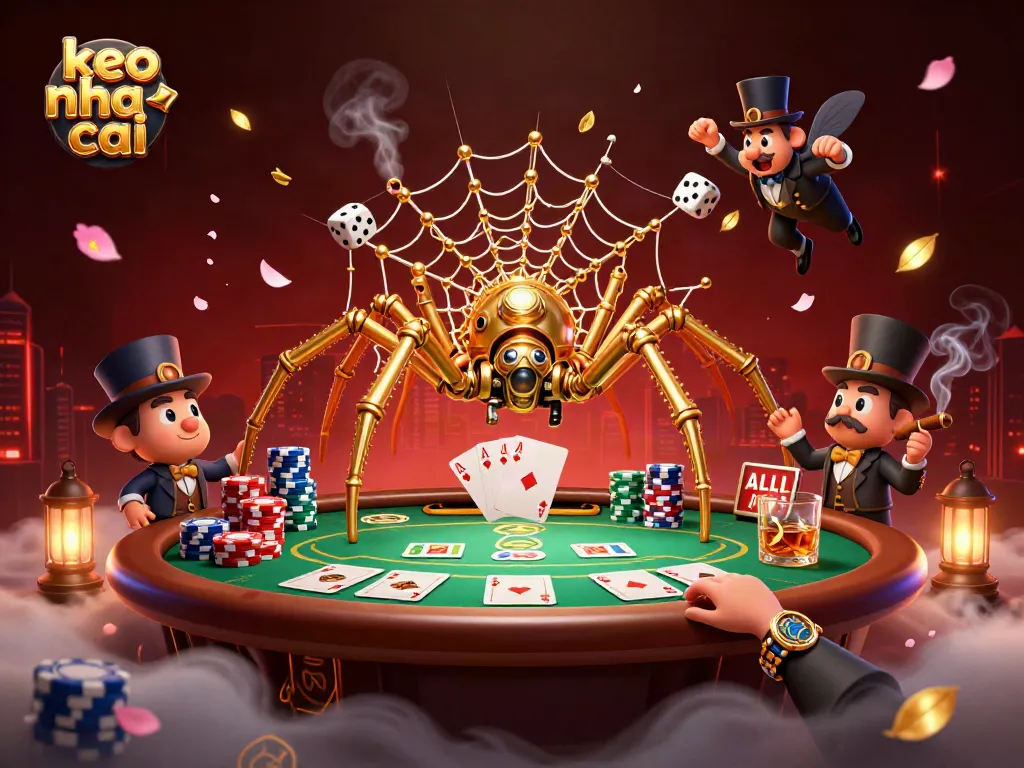 Bet on keo nha cai with a striking scene of a golden spider and colorful poker chips.