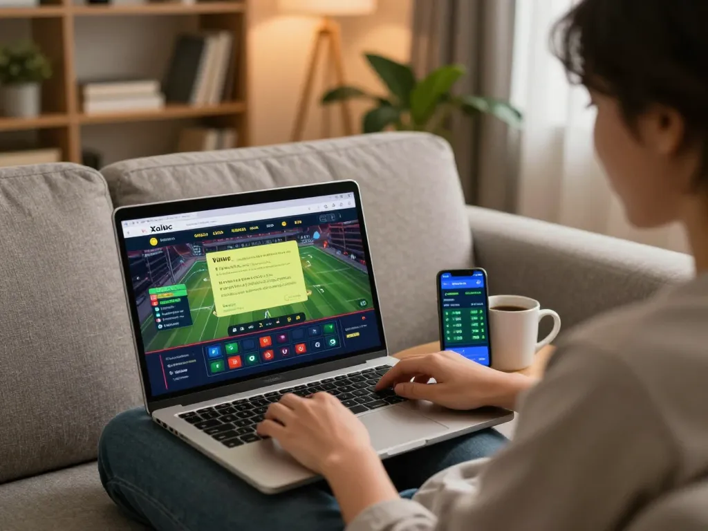Xoilac user engaging in live sports betting with laptop and coffee in a cozy home setting