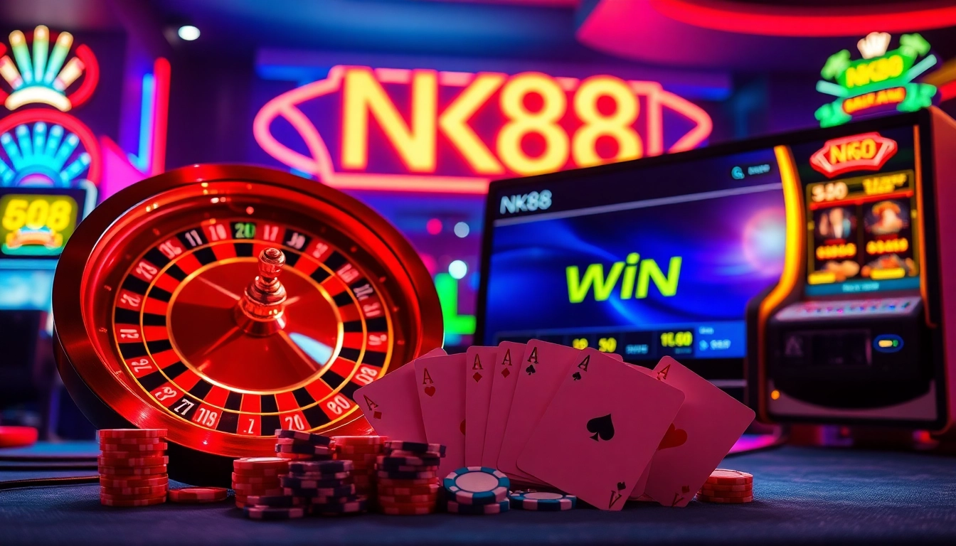 Experience the thrill of winning at NK88 with luxurious casino gaming elements and vibrant visuals.
