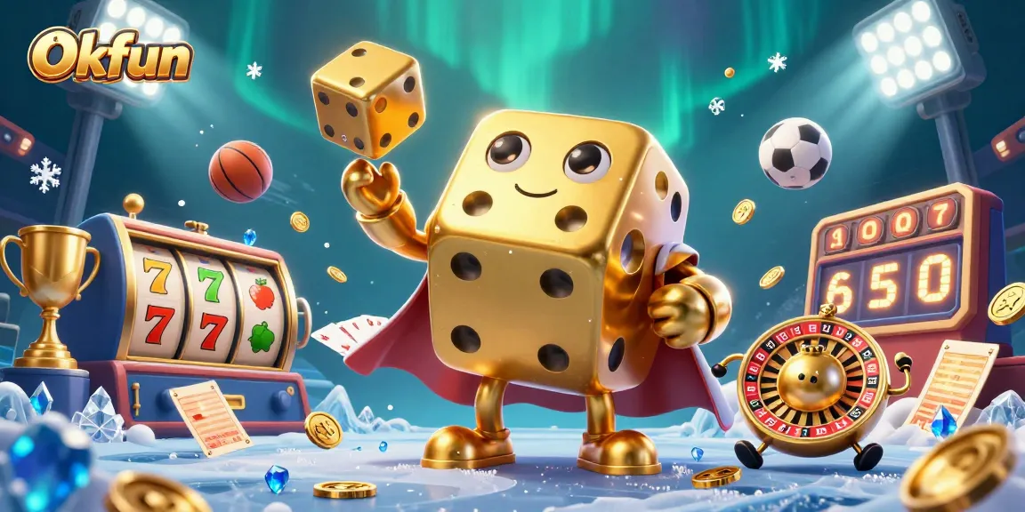 Engage in thrilling gameplay at Okfun with a dynamic casino scene showcasing golden dice golems and slot machines.