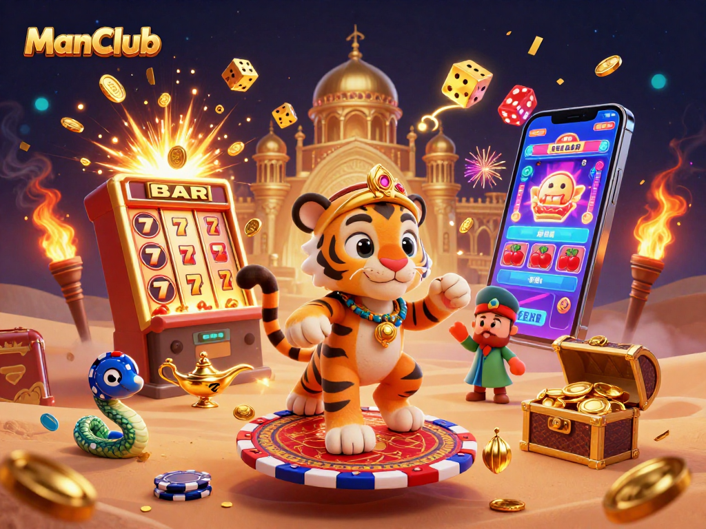 Playing with luck at ManClub as the sultan celebrates a slot machine jackpot in a rich 3D scene.