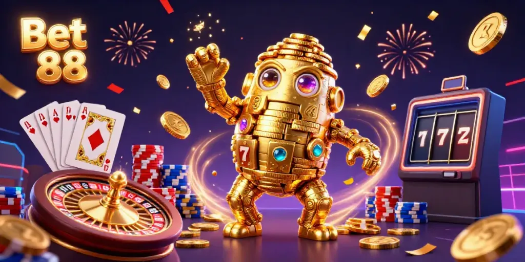 Bet 88 showcases a vibrant casino scene with a golden golem and dynamic game elements.