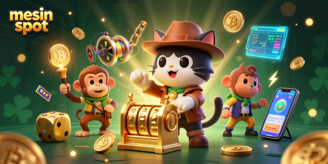 Splash into the vibrant world of mesin slot with an adventurous cat discovering unique treasures in a thrilling casino temple.