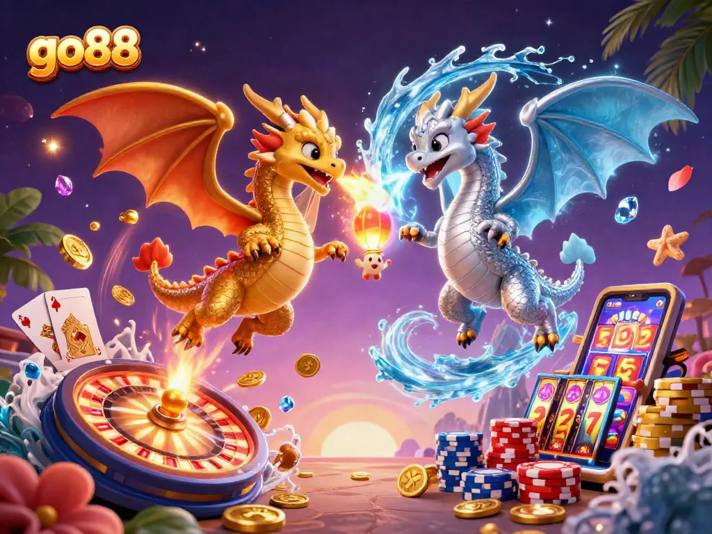 Trận chiến giữa hai rồng 3D tại go88 với kho game đa dạng, đầy huyền ảo và hòa quyện giữa lửa và băng.