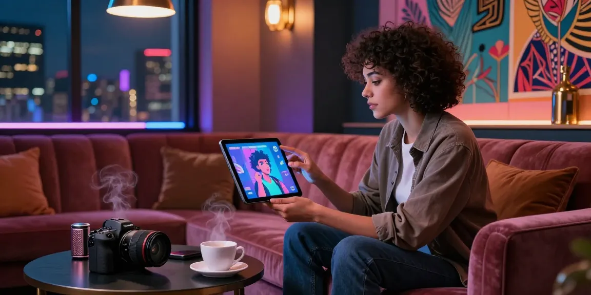 User engaging in character AI nsfw chat on a futuristic tablet in a vibrant lounge atmosphere.