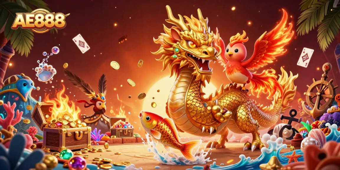 AE888 captures the excitement of cockfighting with a fierce dragon and phoenix amid dynamic gaming elements.