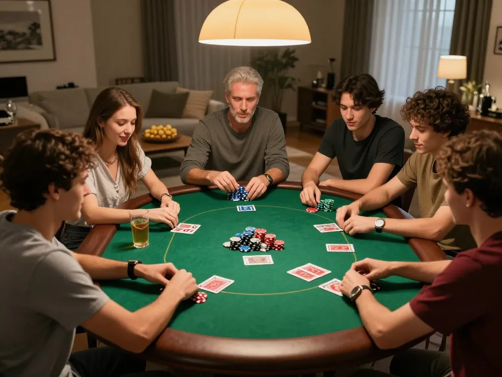 Players engage in a thrilling Texas Hold'em game at home, showcasing camaraderie and strategy with 88aa.