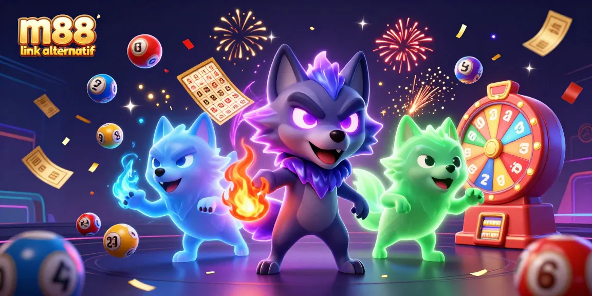 Experience thrilling gaming with m88 link alternatif, featuring vibrant lottery balls and celebratory elements.
