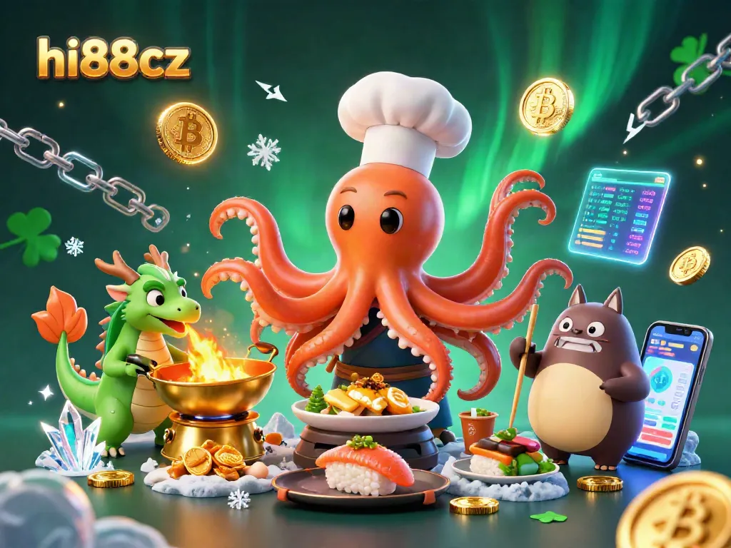 Join the excitement at hi88cz with a dynamic scene of a sushi chef octopus, dragon, and tanuki, illustrating their culinary casino adventures.