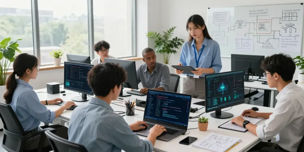 Collaborative team working on Enterprise AI solutions in a modern office setting.