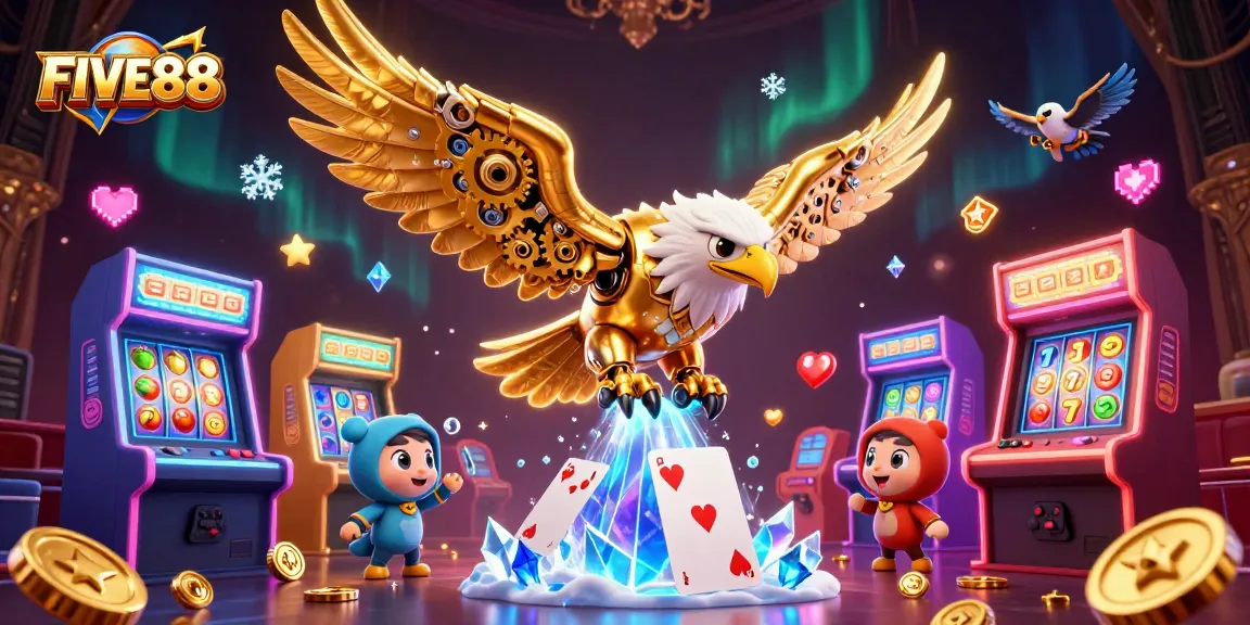 FIVE88 features a cybernetic golden eagle alongside casino elements, immersed in vibrant gaming action.